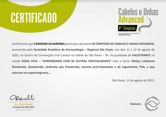 Dr. Conrado ministrou, no 8º SIMPÓSIO DE CABELOS E UNHAS ADVANCED, promovido pela Sociedade Brasileira de Dermatologia – Regional São Paulo, a aula: Efeitos colaterais finasterida, dutasterida, síndrome pós finasterida, exames pré-tratamento e de seguimento, PSA, o que valorizar no espermograma.